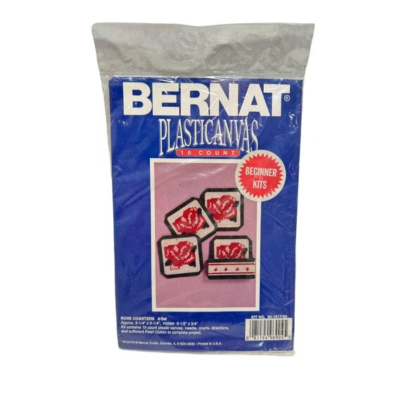 Plastic Canvas Rose Coasters & Caddy Kit Bernat 3.25"x 3.25" NIP Red Pink Flower - Picture 1 of 4